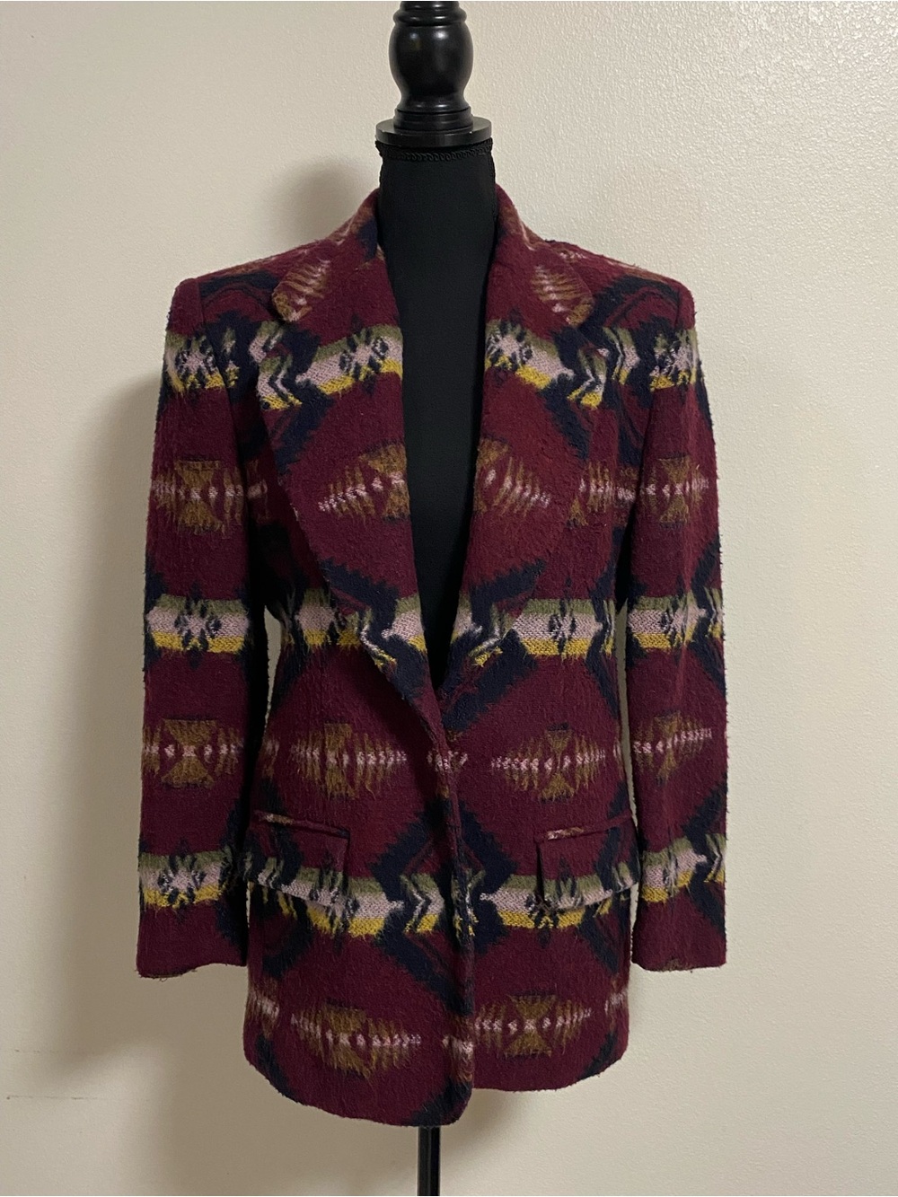 Vintage Rafaella Maroon Wool Blend Blazer Size 4 Southwestern print
